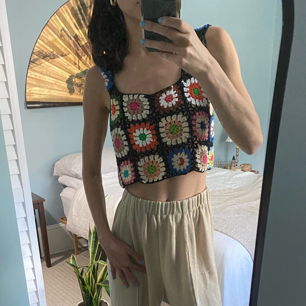 Colorful hand-woven floral crop top